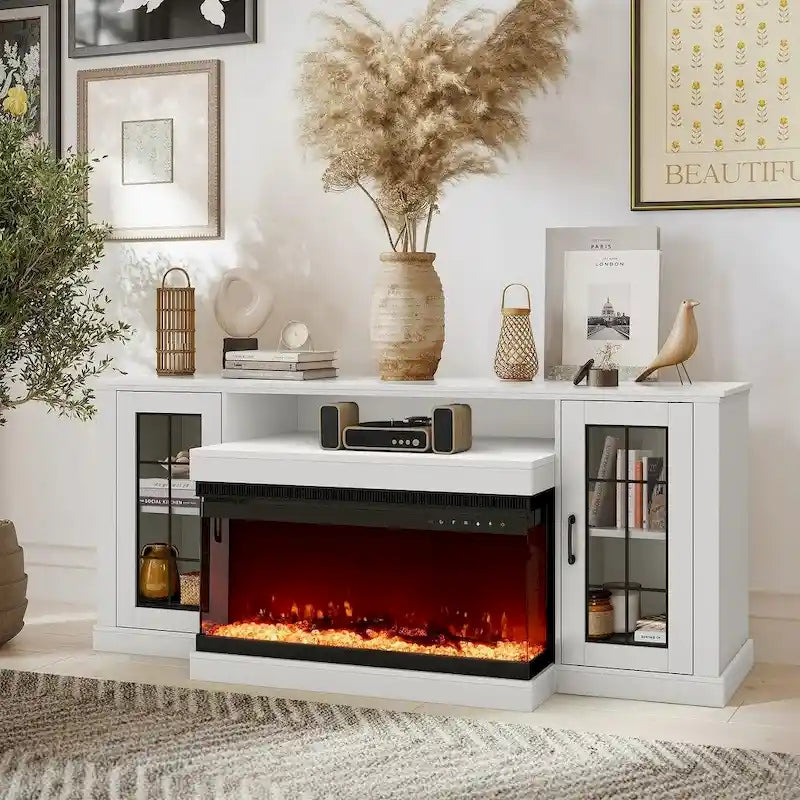 Mueble de TV con estantes de vidrio ajustables y chimenea eléctrica integrada