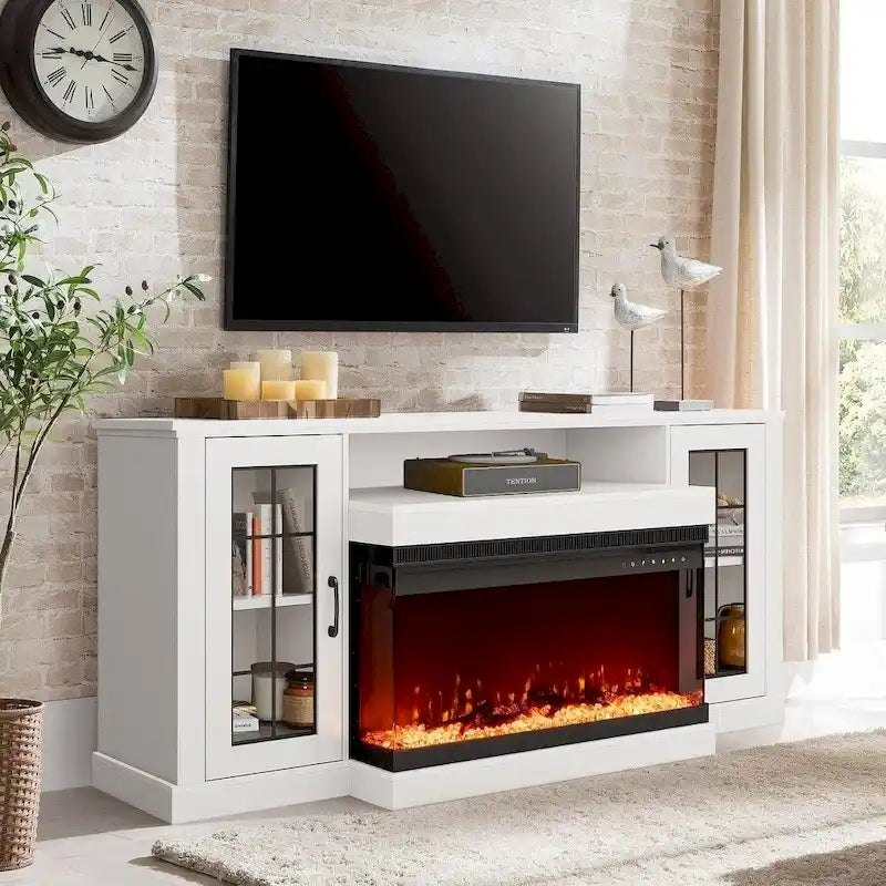 Mueble de TV con estantes de vidrio ajustables y chimenea eléctrica integrada