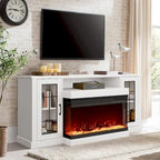 Mueble de TV con estantes de vidrio ajustables y chimenea eléctrica integrada