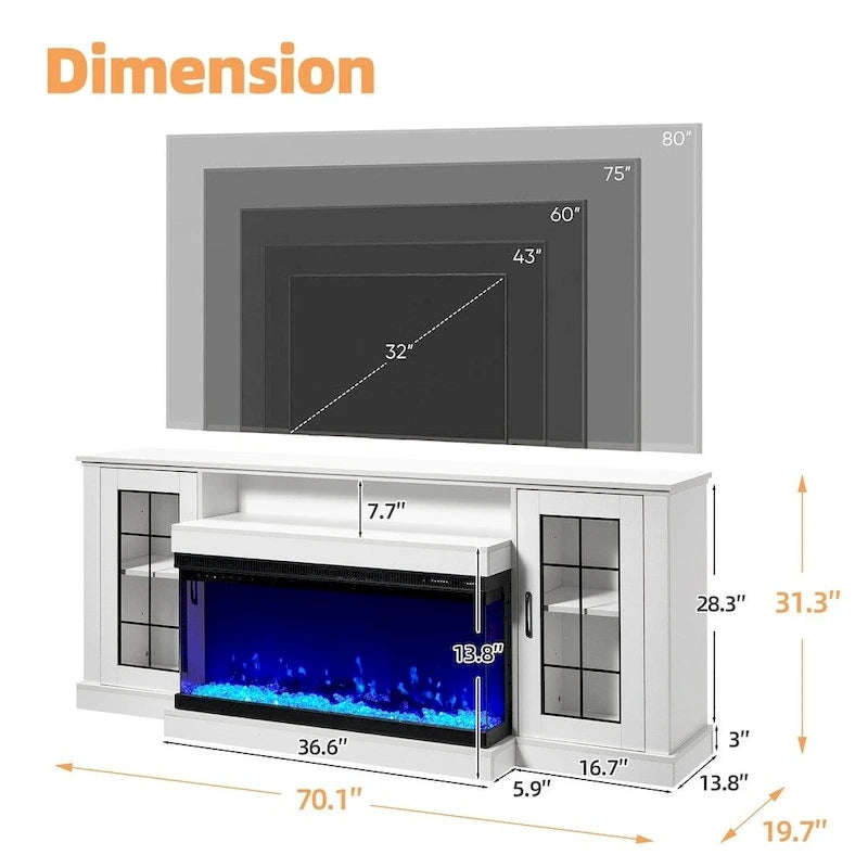 Mueble de TV con estantes de vidrio ajustables y chimenea eléctrica integrada