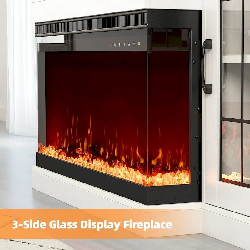 Mueble de TV con estantes de vidrio ajustables y chimenea eléctrica integrada