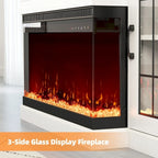 Mueble de TV con estantes de vidrio ajustables y chimenea eléctrica integrada