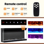 Mueble de TV con estantes de vidrio ajustables y chimenea eléctrica integrada