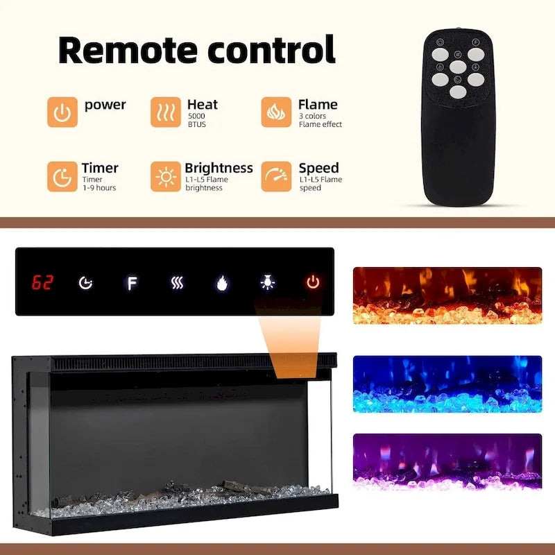 Mueble de TV con estantes de vidrio ajustables y chimenea eléctrica integrada
