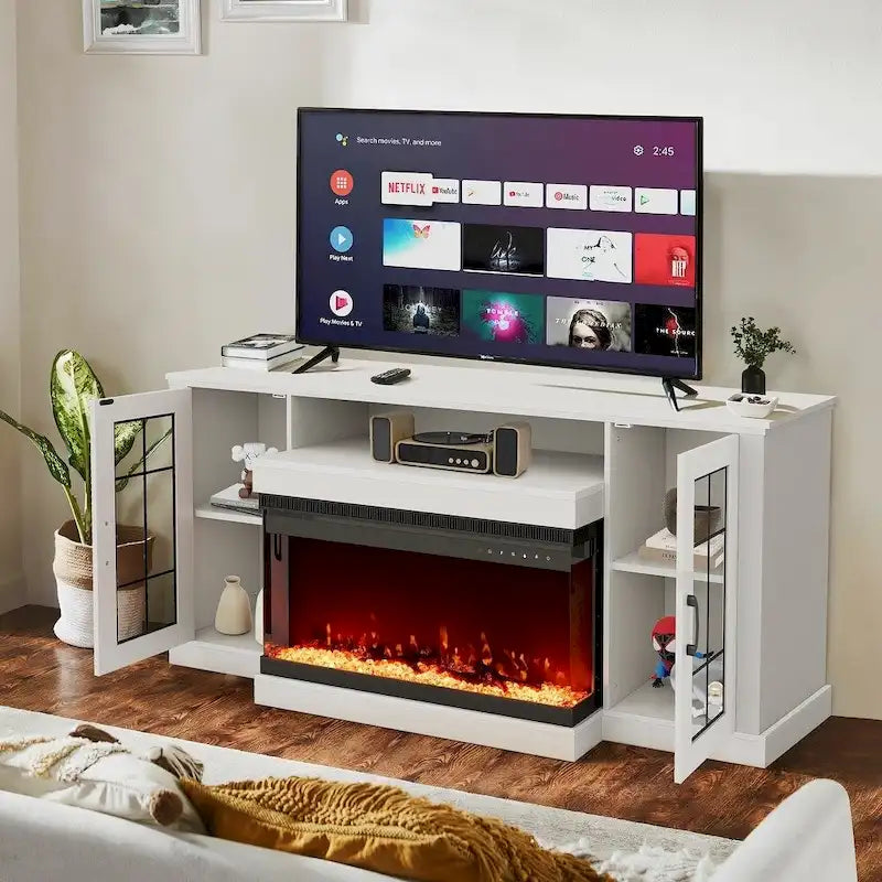 Mueble de TV con estantes de vidrio ajustables y chimenea eléctrica integrada