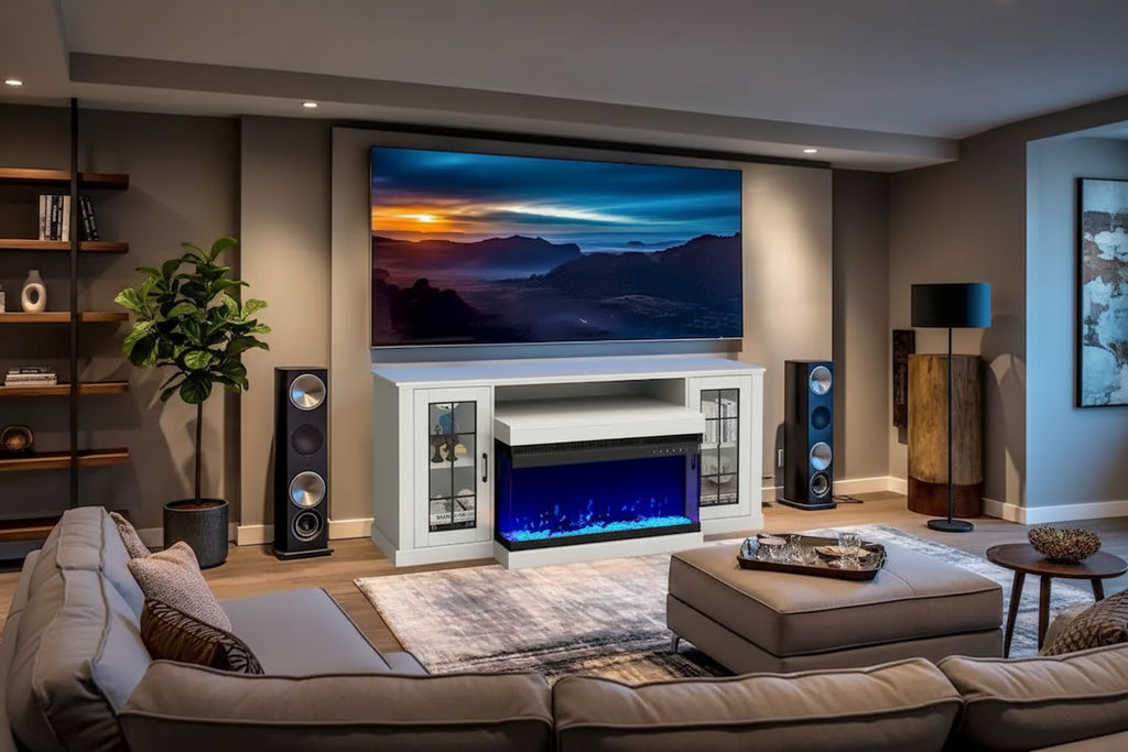 Mueble de TV con estantes de vidrio ajustables y chimenea eléctrica integrada