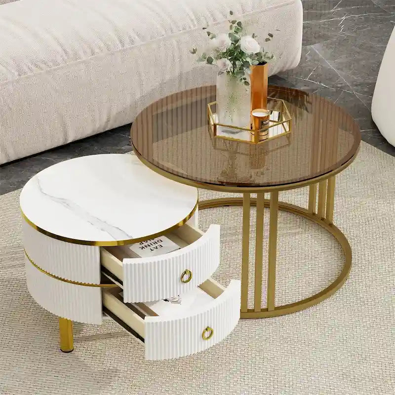 Mesa de Centro Apilable, Mesas Nido con Vidrio Templado Marrón, 2 PIEZAS