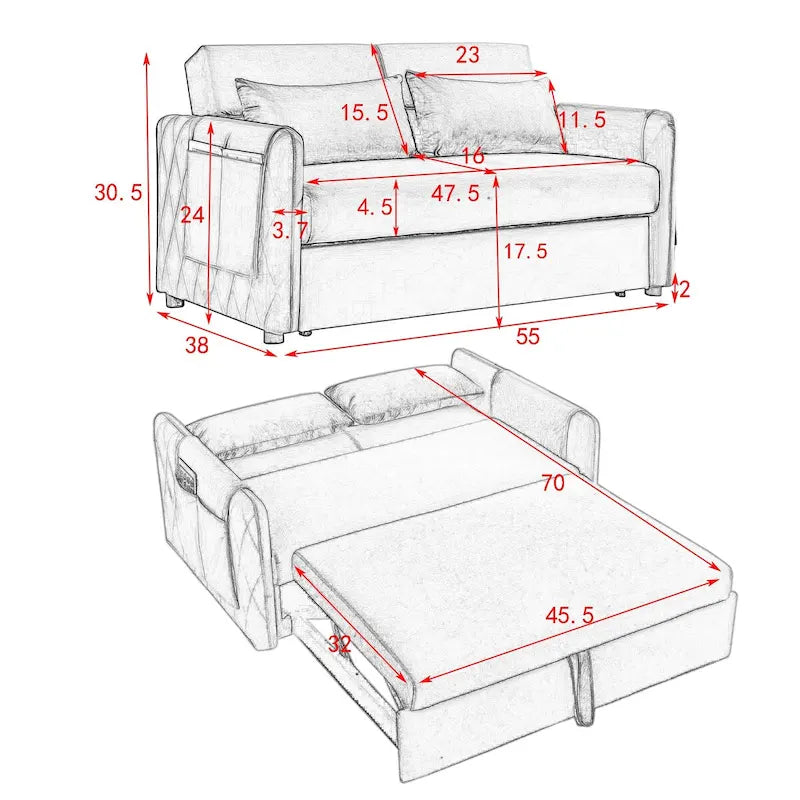 Sofá Cama Convertible Moderno de 55" con 2 Bolsillos Laterales Desmontables