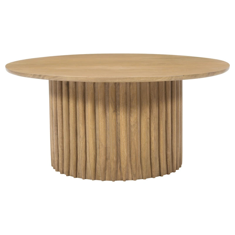 Mesa de centro redonda con base acanalada de madera de mango marrón natural