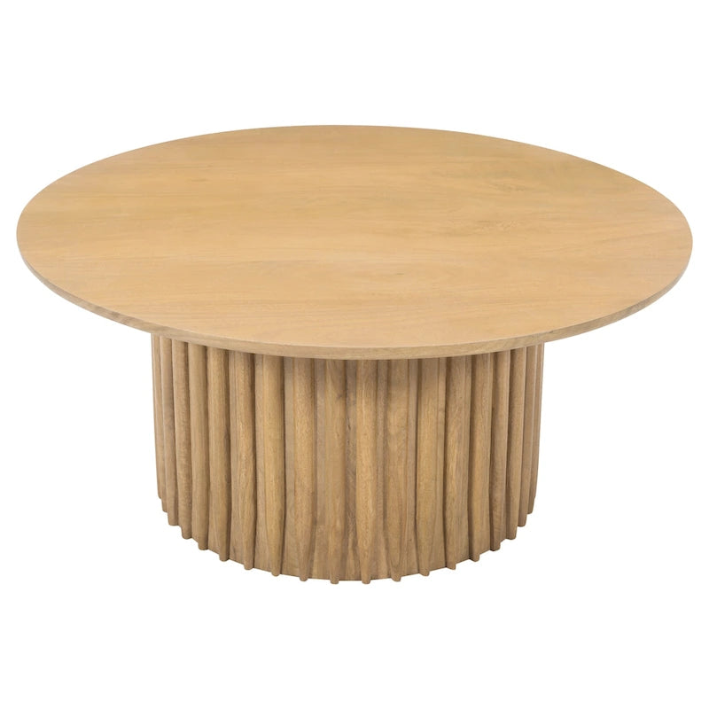 Mesa de centro redonda con base acanalada de madera de mango marrón natural