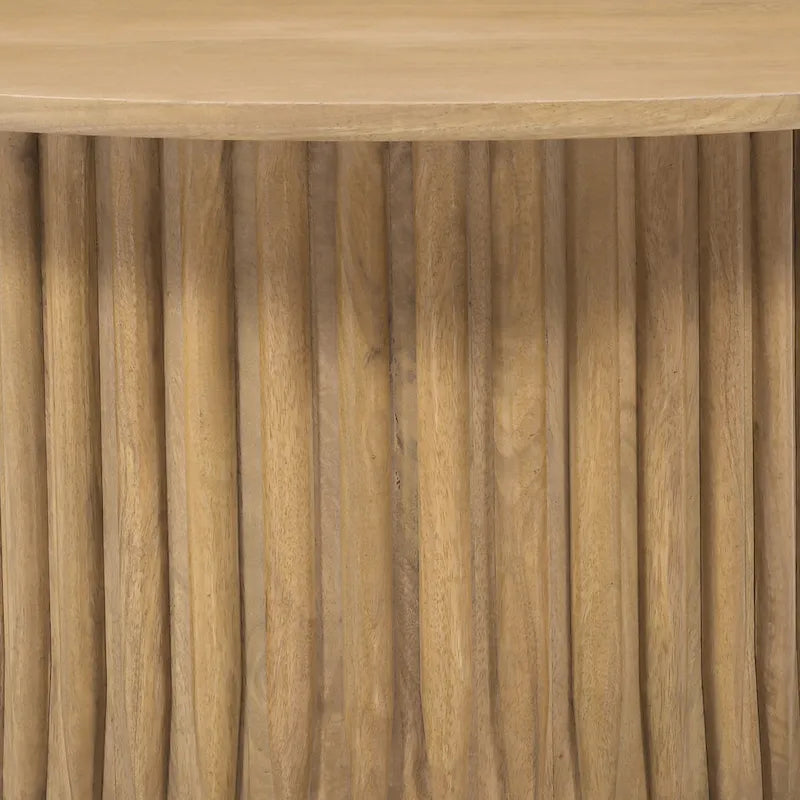Mesa de centro redonda con base acanalada de madera de mango marrón natural