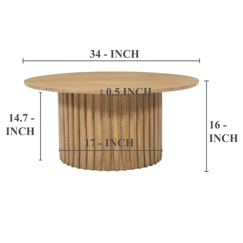 Mesa de centro redonda con base acanalada de madera de mango marrón natural