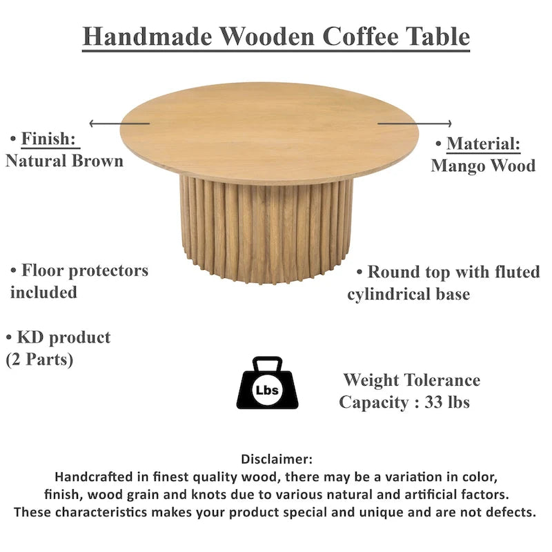 Mesa de centro redonda con base acanalada de madera de mango marrón natural