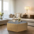 Mesa de centro glamurosa moderna con tapa de cristal hexagonal de madera dorada