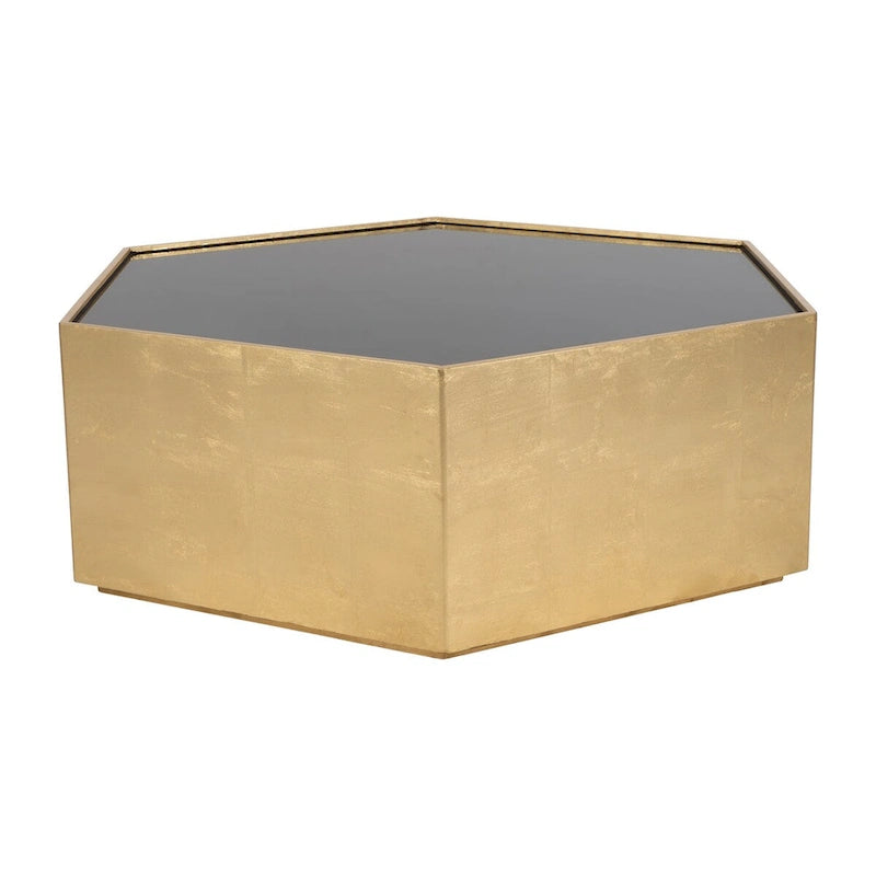 Mesa de centro glamurosa moderna con tapa de cristal hexagonal de madera dorada