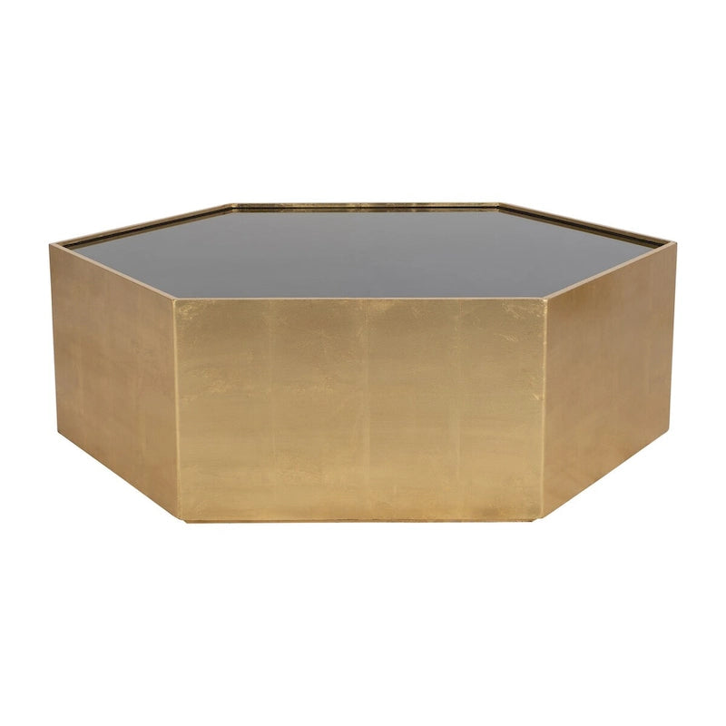 Mesa de centro glamurosa moderna con tapa de cristal hexagonal de madera dorada