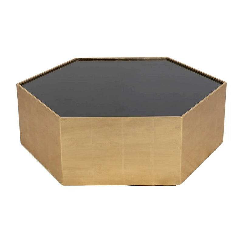 Mesa de centro glamurosa moderna con tapa de cristal hexagonal de madera dorada