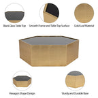 Mesa de centro glamurosa moderna con tapa de cristal hexagonal de madera dorada