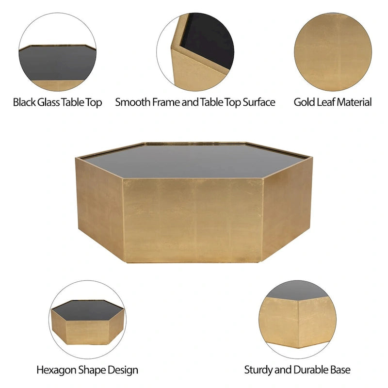Mesa de centro glamurosa moderna con tapa de cristal hexagonal de madera dorada