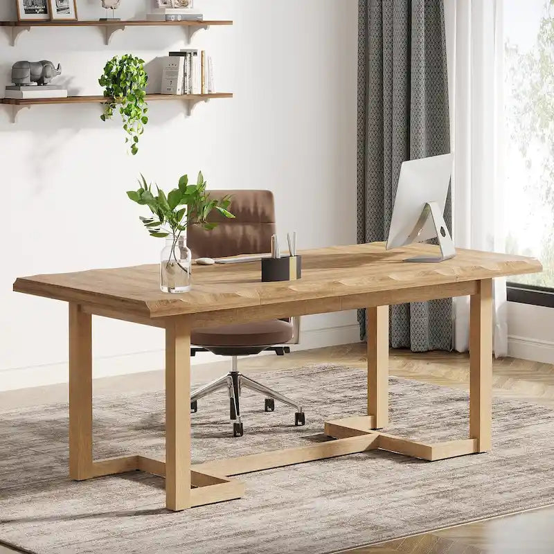 Escritorio para computadora de 63 pulgadas, mesa de escritura rectangular con patas de madera maciza y superficie engrosada
