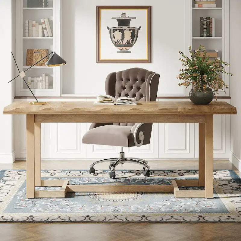 Escritorio para computadora de 63 pulgadas, mesa de escritura rectangular con patas de madera maciza y superficie engrosada