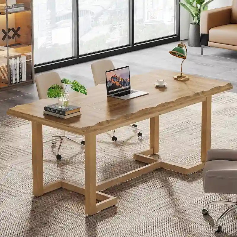 Escritorio para computadora de 63 pulgadas, mesa de escritura rectangular con patas de madera maciza y superficie engrosada