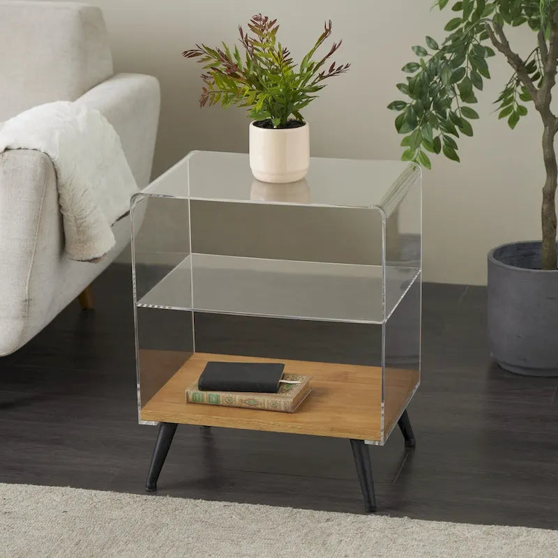 Mesa auxiliar/de centro auxiliar de 1 estante de plástico acrílico con base de madera y patas negras - Transparente