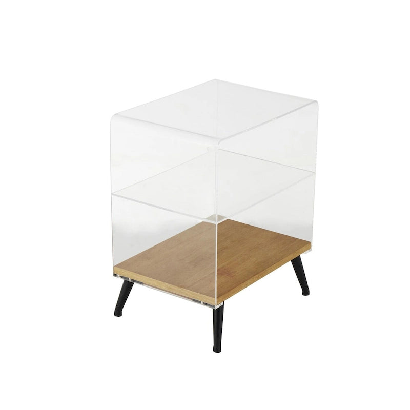 Mesa auxiliar/de centro auxiliar de 1 estante de plástico acrílico con base de madera y patas negras - Transparente