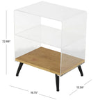 Mesa auxiliar/de centro auxiliar de 1 estante de plástico acrílico con base de madera y patas negras - Transparente